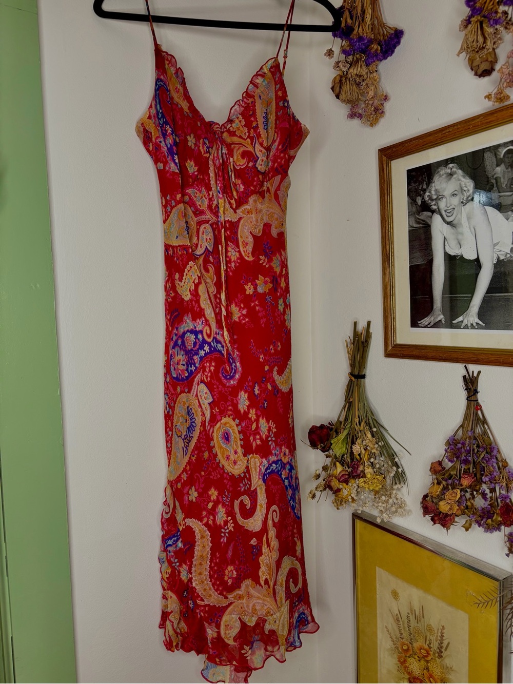 100% Silk Fairy Y2K Tessuto Red Paisley Slip Maxi Dress